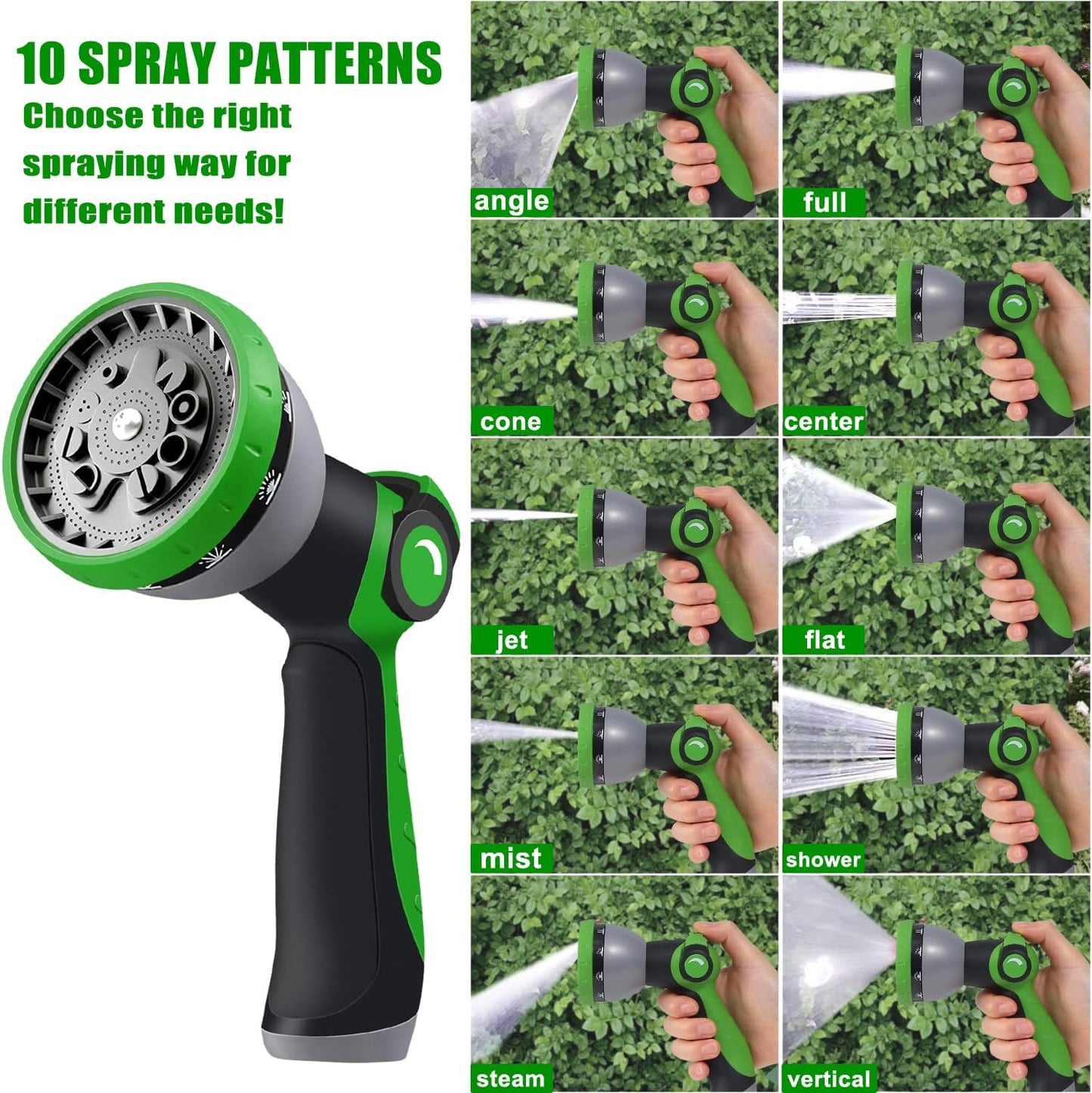Heavy Duty Garden Hose 5/8" Super Flexible Water Hose with 10 Function Sprayer Nozzle 3/4" Solid Fittings Leakproof Hose 450 Burst PSI Watering Pipe Car Wash (25FT, Black+Green)