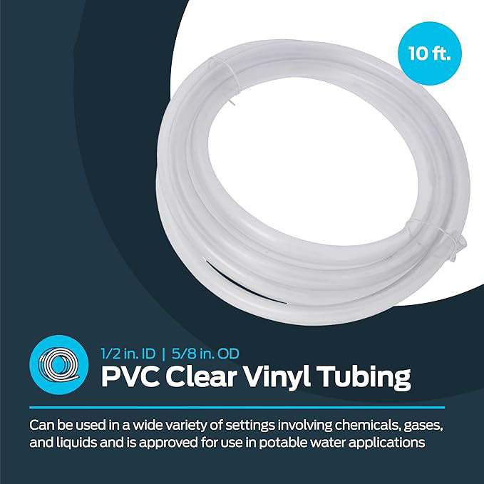 10ft PVC Clear Vinyl Tubing – 1/2" ID x 5/8" OD Food-Grade Flexible Hose for Water, Air, Gas, and Liquid Transfer
