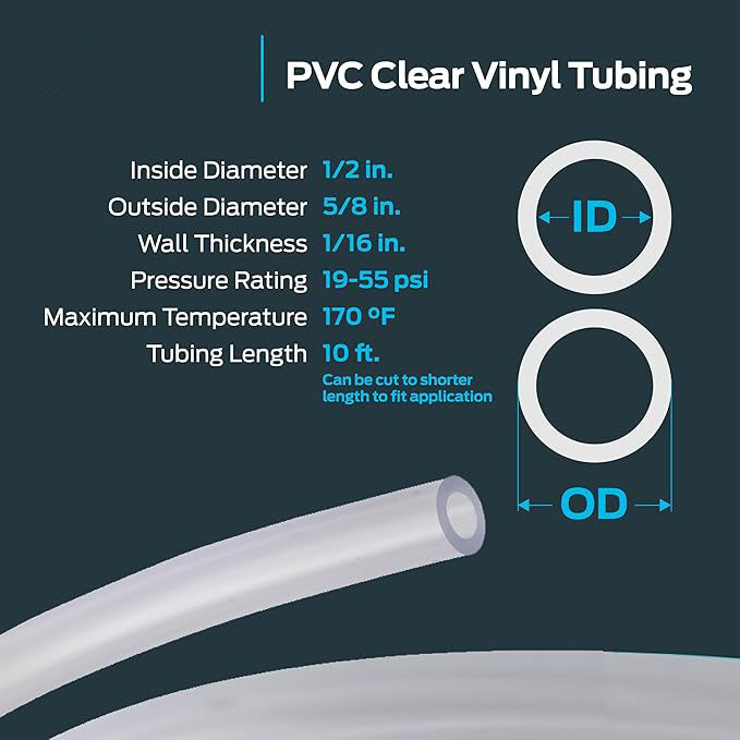 10ft PVC Clear Vinyl Tubing – 1/2" ID x 5/8" OD Food-Grade Flexible Hose for Water, Air, Gas, and Liquid Transfer