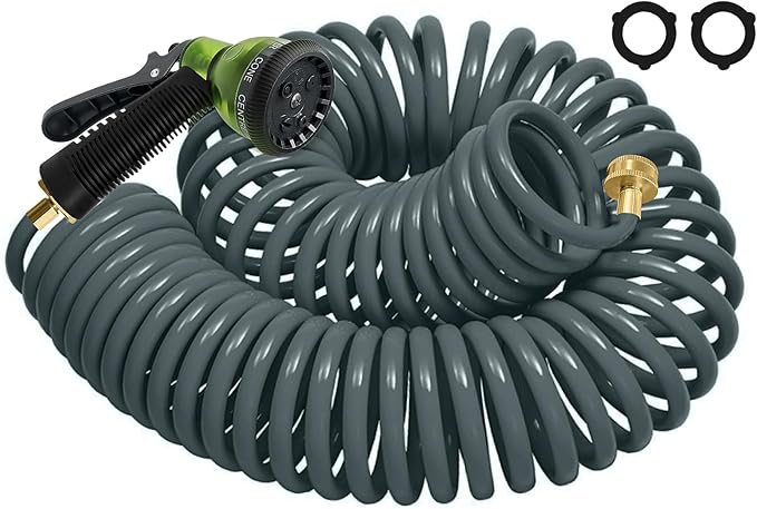 25-foot EVA spiral garden hose with 3/4-inch brass connector, spiral water hose, lightweight, kink-free, includes 7 nozzles, suitable for outdoor lawn watering, car washing