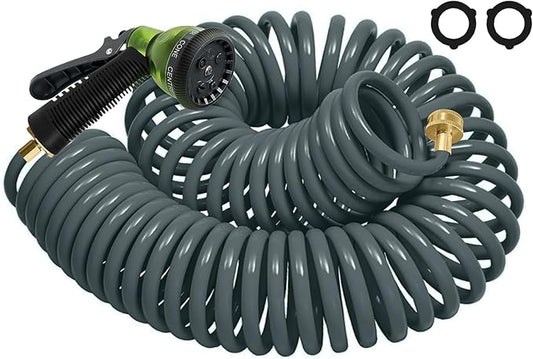 25-foot EVA spiral garden hose with 3/4-inch brass connector, spiral water hose, lightweight, kink-free, includes 7 nozzles, suitable for outdoor lawn watering, car washing