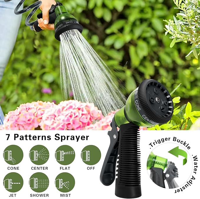 25-foot EVA spiral garden hose with 3/4-inch brass connector, spiral water hose, lightweight, kink-free, includes 7 nozzles, suitable for outdoor lawn watering, car washing