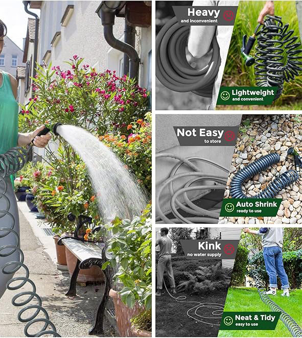 25-foot EVA spiral garden hose with 3/4-inch brass connector, spiral water hose, lightweight, kink-free, includes 7 nozzles, suitable for outdoor lawn watering, car washing