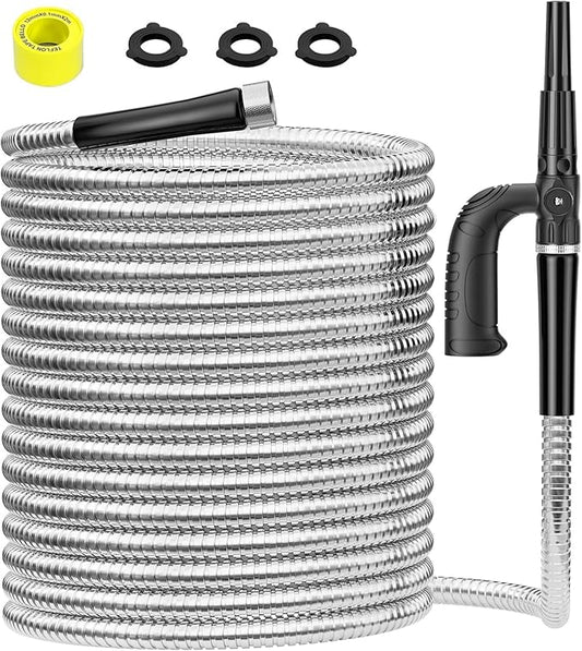Metal Garden Hose 50ft Heavy Duty Stainless Steel Water Pipe for Yard, Outdoor, RV - Durable, Tough &amp; Flexible, Kink &amp; Tangle Free, Pet-proof, Puncture Resistant with Independent Grip