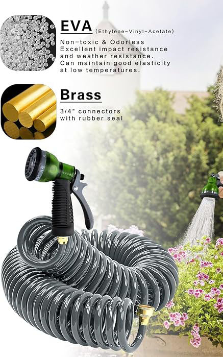 25-foot EVA spiral garden hose with 3/4-inch brass connector, spiral water hose, lightweight, kink-free, includes 7 nozzles, suitable for outdoor lawn watering, car washing