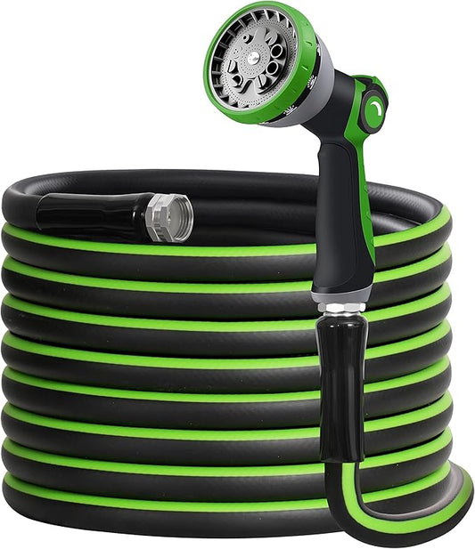 Heavy Duty Garden Hose 5/8" Super Flexible Water Hose with 10 Function Sprayer Nozzle 3/4" Solid Fittings Leakproof Hose 450 Burst PSI Watering Pipe Car Wash (25FT, Black+Green)